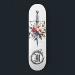 *~* Fire AP88 Mediaeval Sword Floral Floral Skateboard<br><div class="desc">(Search code AP88 to find similar items ) Easily Transfer to other Zazzle Products. WHITE background Skateboard with PINK and ROSE colour FLOWERS MEDIEVAL SWORD for dragon slayers with FLOWERS / FLORAL elements and with RING of FIRE / FLAMES / FLAME and Letter , INITIAL MONOGRAM for your name -...</div>