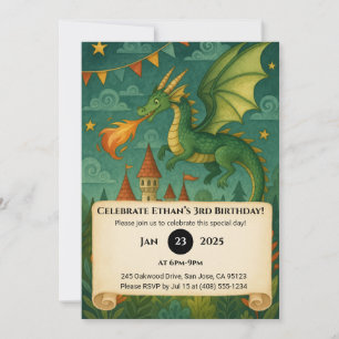Fire-Breathing Dragon and Castle Night Birthday Invitation