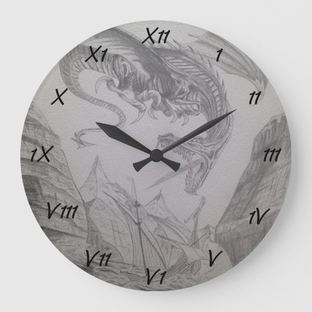 Fire breathing Dragon attacking viking boat Large Clock (Front)