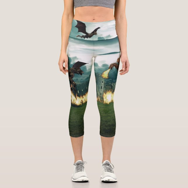 Fire Breathing Dragon Castle Capri Leggings (Front)