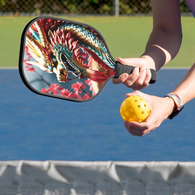 Fire breathing dragon gold blue and red scales pickleball paddle (Insitu)