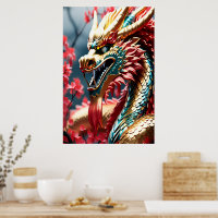 Fire breathing dragon gold blue and red scales