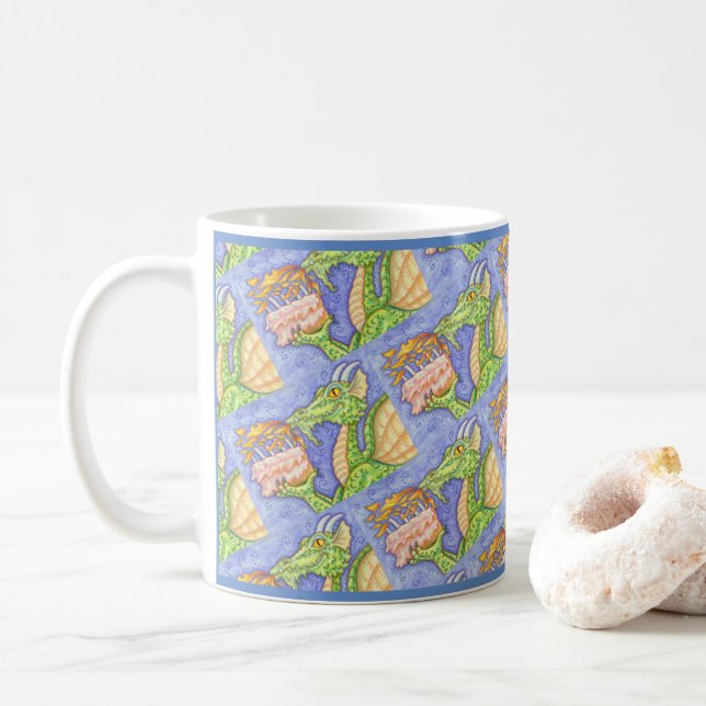 FIRE BREATHING DRAGON LIGHTING BIRTHDAY CANDLES COFFEE MUG (With Donut)