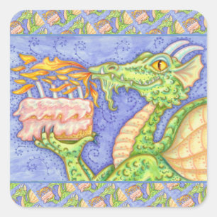 FIRE BREATHING DRAGON LIGHTING BIRTHDAY CANDLES SQUARE STICKER