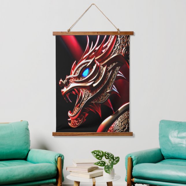 Fire breathing dragon red and gold scales hanging tapestry (Living Room)