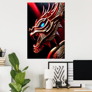 Fire breathing dragon red and gold scales poster