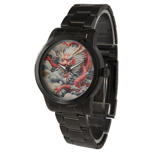 Fire breathing dragon red and white scale watch (Angled)