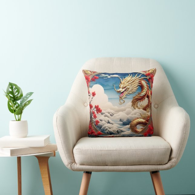 Fire breathing dragon red blue and gold scales cushion (Chair)