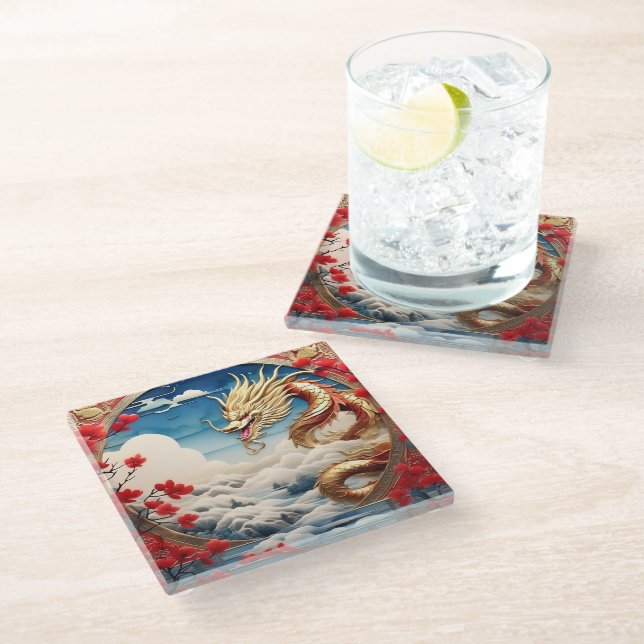 Fire breathing dragon red blue and gold scales glass coaster (Angled)