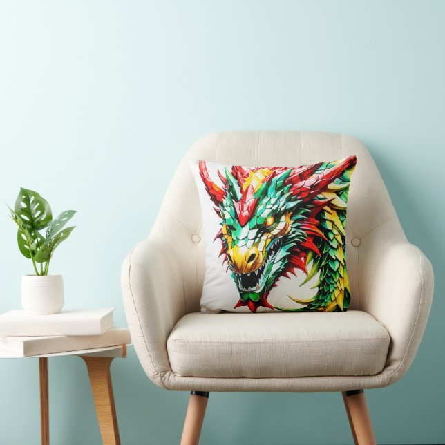 Fire breathing dragon red, green, and yellow scale cushion (Chair)