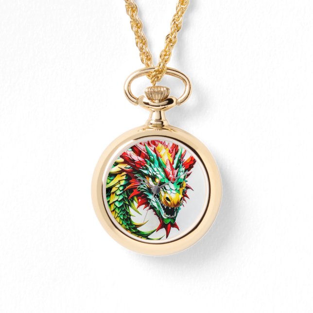Fire breathing dragon red, green, and yellow scale watch (Front)