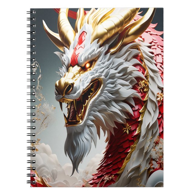 Fire breathing dragon red white and gold scales notebook (Front)
