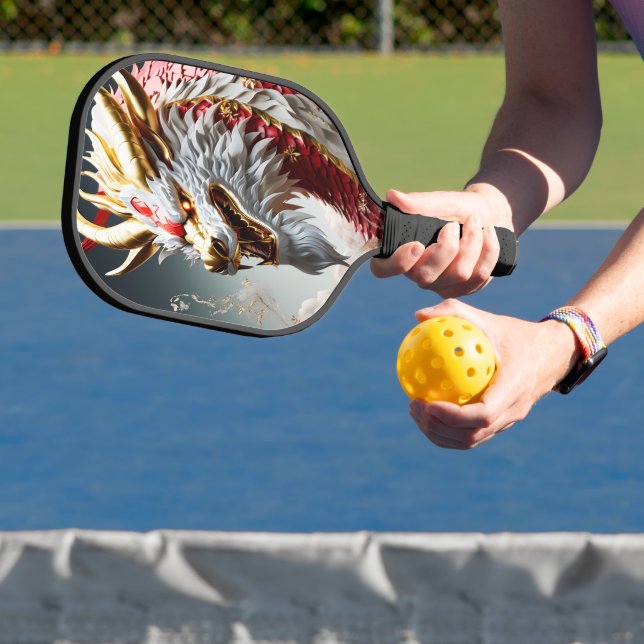 Fire breathing dragon red white and gold scales pickleball paddle (Insitu)