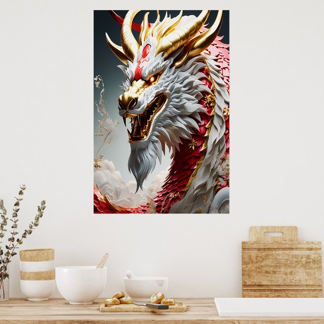 Fire breathing dragon red white and gold scales poster (Kitchen)