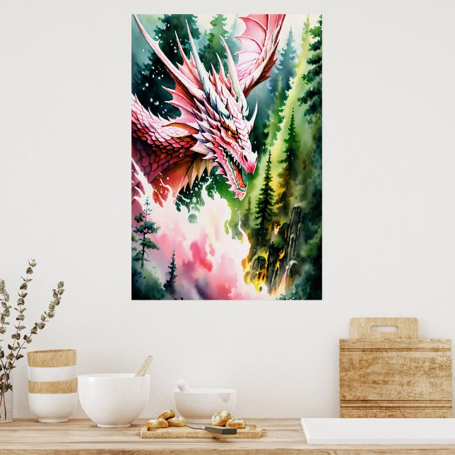 Fire breathing dragon vibrant pink scales poster (Kitchen)