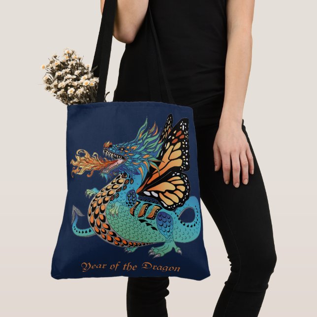 Fire Breathing Monarch Dragon Tote Bag (Close Up)
