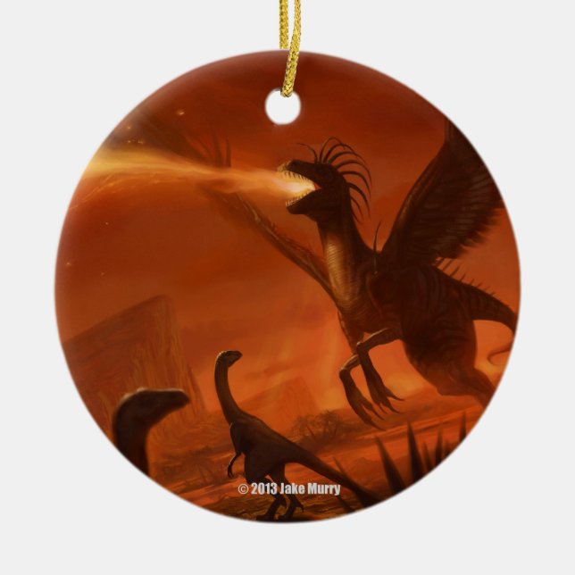 Fire-Breathing Prehistoric Dinosaur by Jake Murray Ceramic Tree Decoration (Front)
