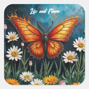 Fire butterfly surreal artwork chamomile nature square sticker