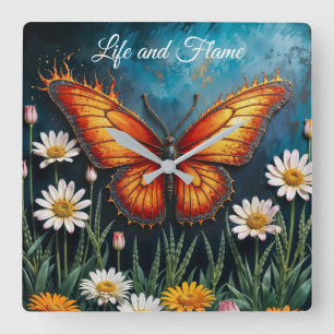 Fire butterfly surreal artwork chamomile nature square wall clock