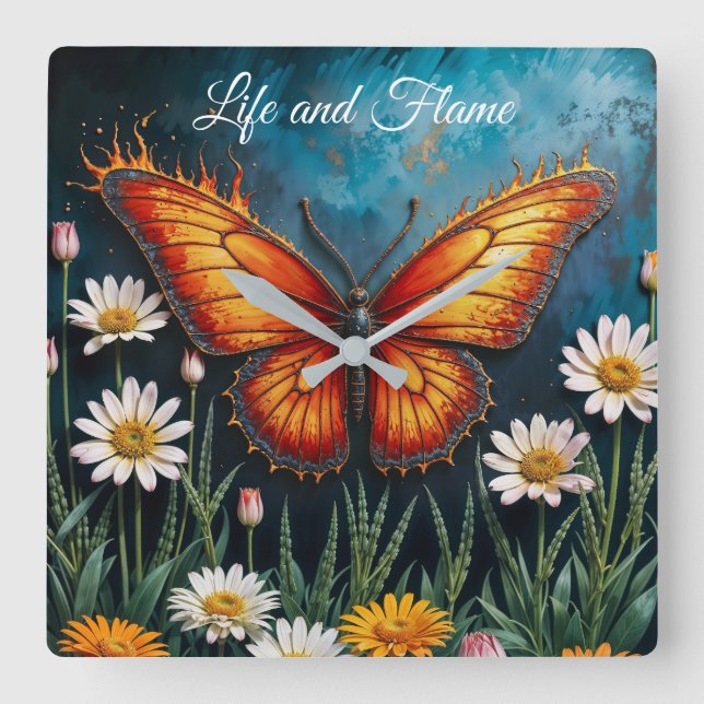 Fire butterfly surreal artwork chamomile nature square wall clock (Front)