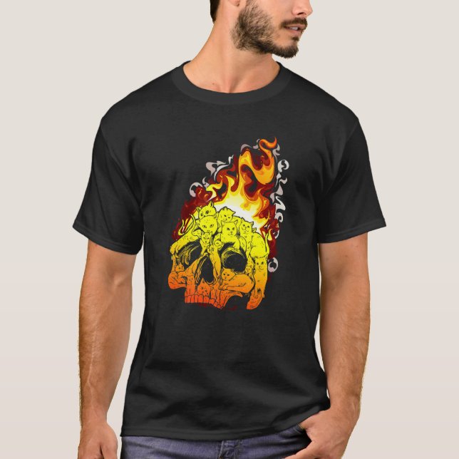 Fire Cat Burning Head Skull Head Bone Skull   T-Shirt (Front)