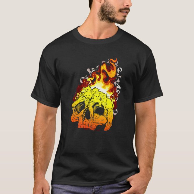 Fire Cat Burning Head Skull Head Bone Skull   T-Shirt (Front)