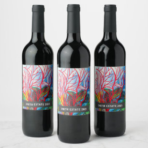 Fire coral watercolor underwater art wine label