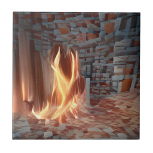 Fire crackling in abstract brick room tile