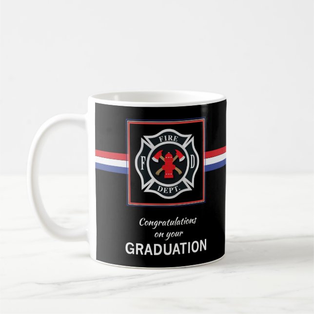 Fire Department Academy Graduation Emblem on Black Coffee Mug (Left)