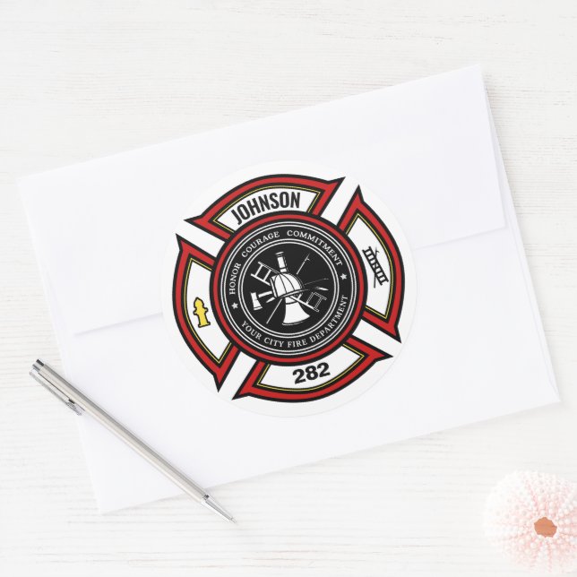 Fire Department ADD NAME Firefighter Badge Rescue Classic Round Sticker (Envelope)