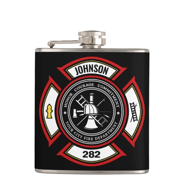 Fire Department ADD NAME Firefighter Badge Rescue Hip Flask (Front)