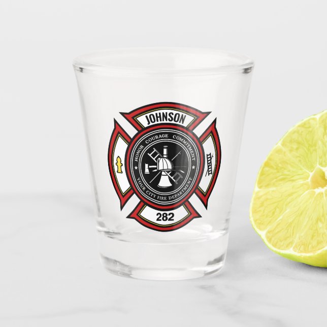 Fire Department ADD NAME Firefighter Badge Rescue Shot Glass (Front)