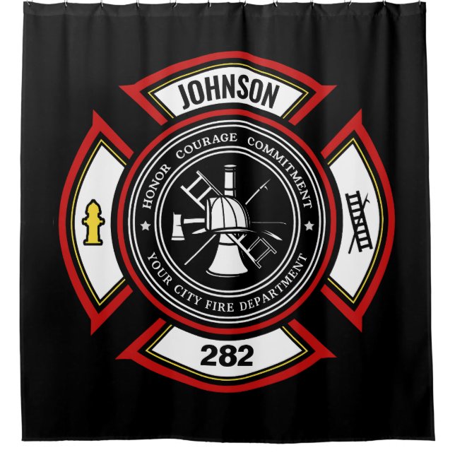 Fire Department ADD NAME Firefighter Badge Rescue Shower Curtain (Front)