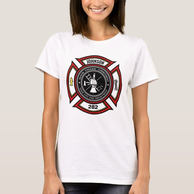 Fire Department ADD NAME Firefighter Badge Rescue T-Shirt (Front)