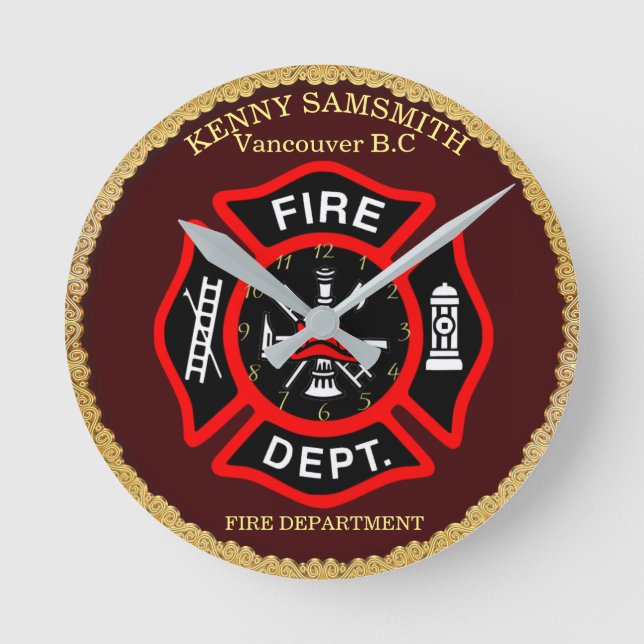 Fire Department Black And Red Badge 4 Round Clock (Front)