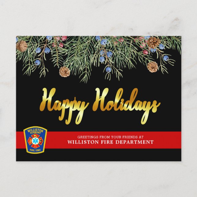 Fire Department Emblem Thin Red Line Christmas Holiday Postcard (Front)