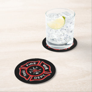 Fire Department Firefighter Badge Red Round Paper Coaster