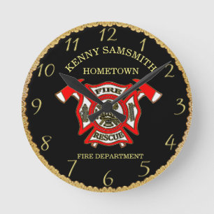 Fire Department Gold And Red Badge With Axes 4 Round Clock