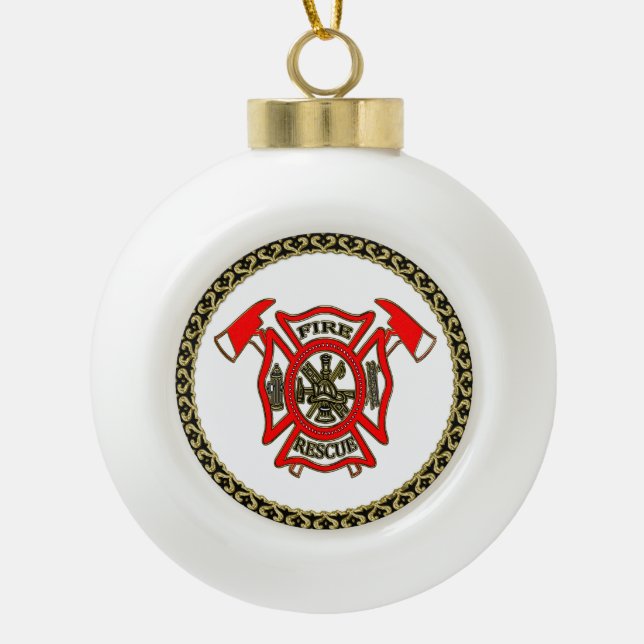 Fire Department Gold And Red Badge With Fire Axes Ceramic Ball Christmas Ornament (Front)