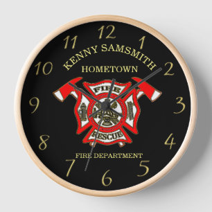 Fire Department Gold And Red Badge With Fire Axes Clock