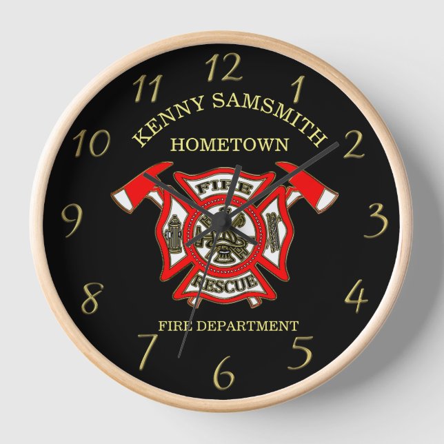 Fire Department Gold And Red Badge With Fire Axes Clock (Front)