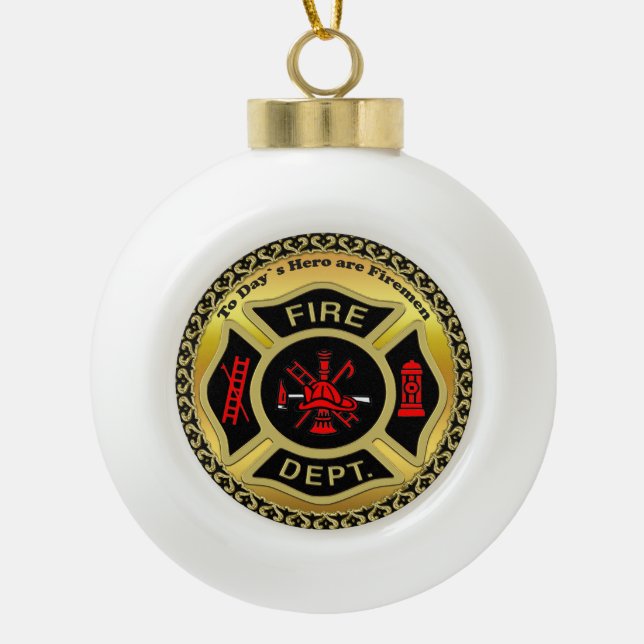 Fire Department logo Black And Gold Badge Ceramic Ball Christmas Ornament (Front)