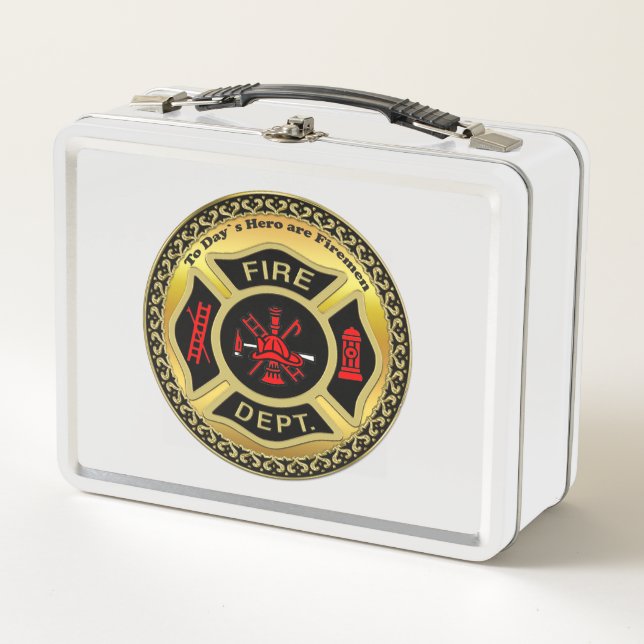 Fire Department logo Black And Gold Badge Metal Lunch Box (Front)