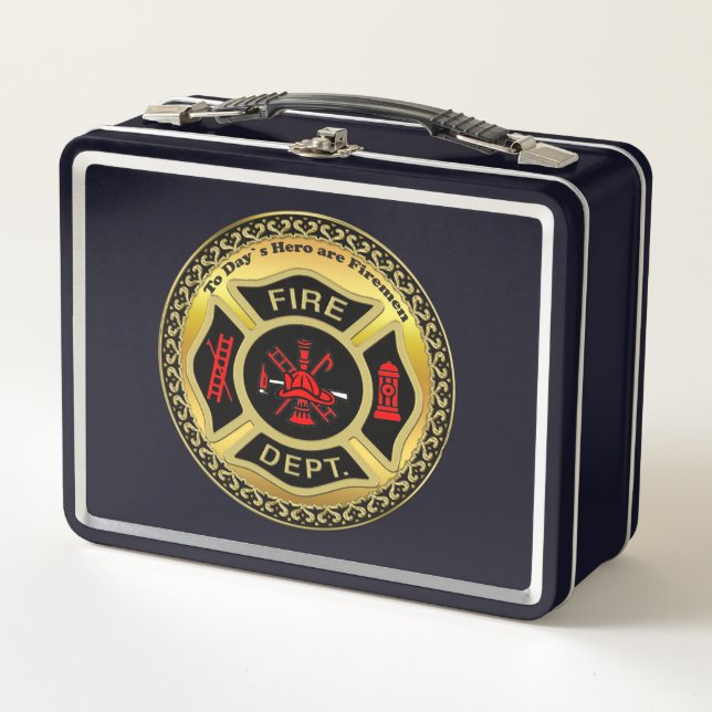 Fire Department logo Black And Gold Badge Metal Lunch Box (Front)