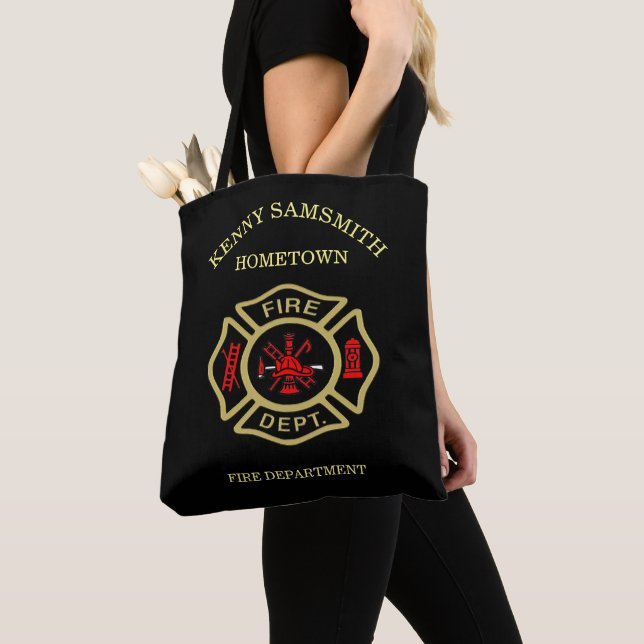 Fire Department logo Black And Gold Badge Tote Bag (Close Up)