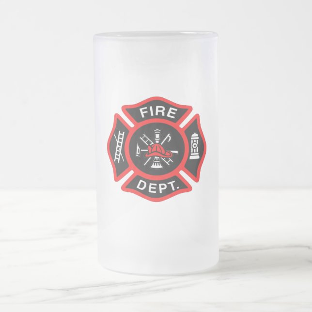 Fire Department logo Black And Red Badge Frosted Glass Beer Mug (Center)