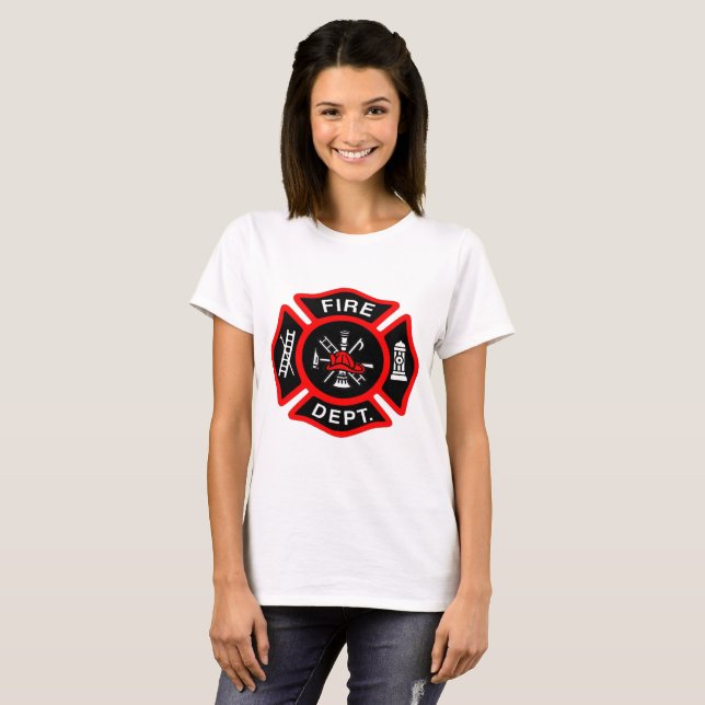 Fire Department logo Black And Red Badge T-Shirt (Front Full)