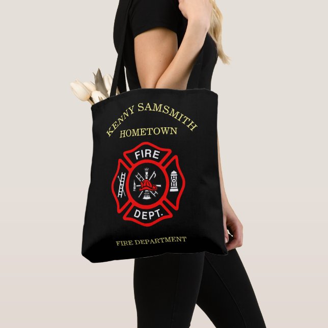 Fire Department logo Black And Red Badge Tote Bag (Close Up)