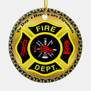 Fire Department logo Black And Yellow Badge Ceramic Tree Decoration