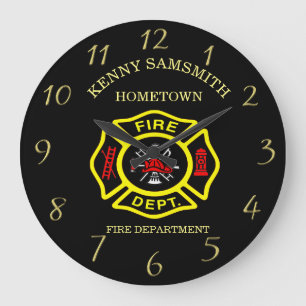 Fire Department logo Black And Yellow Badge Large Clock
